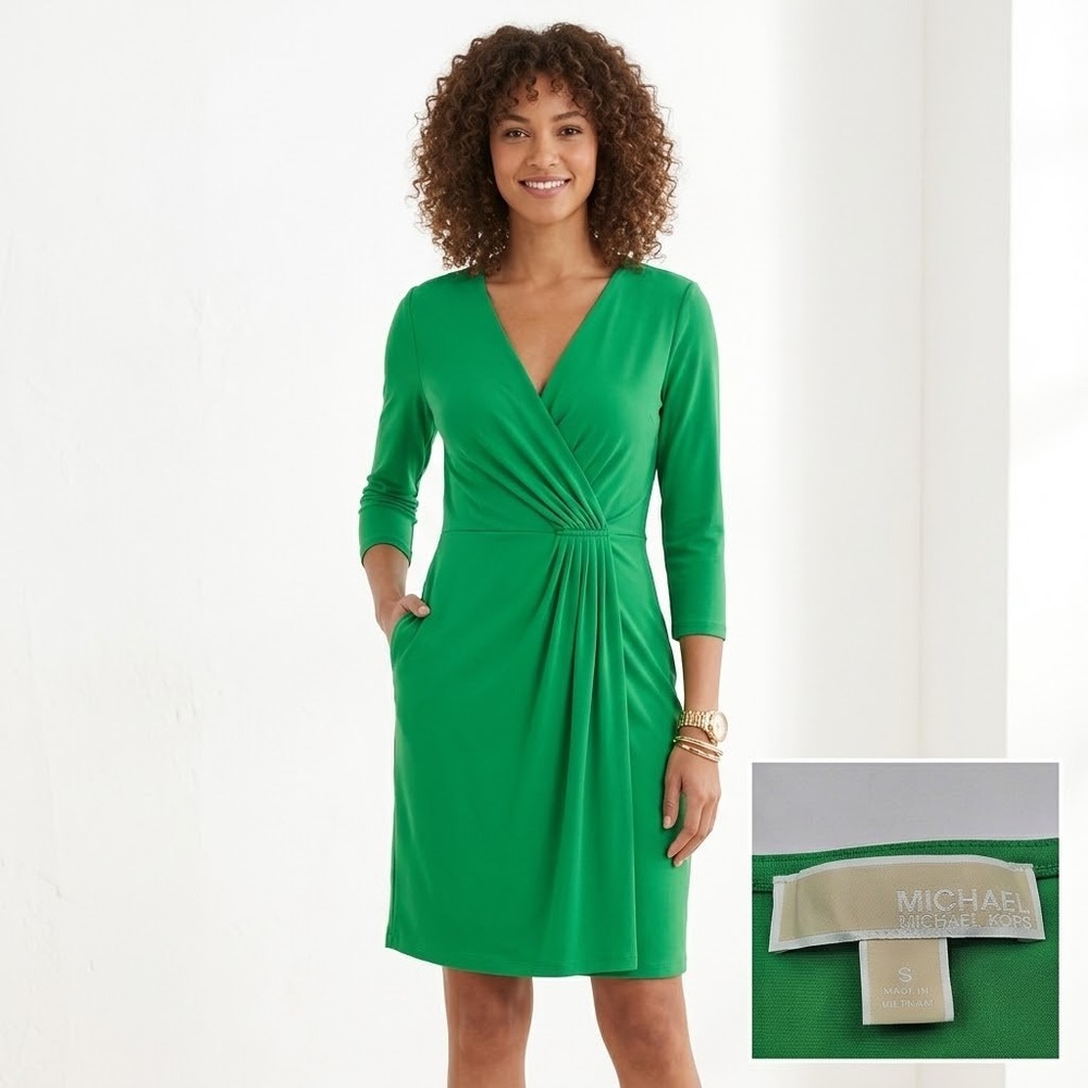 Michael Michael Kors Faux Wrap Dress Women Small Green 3/4 Sleeve Pleated V-Neck